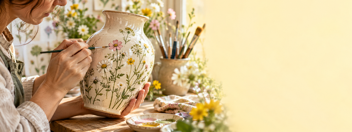Artisan hand-painting wildflowers on an Avqelora ceramic vase