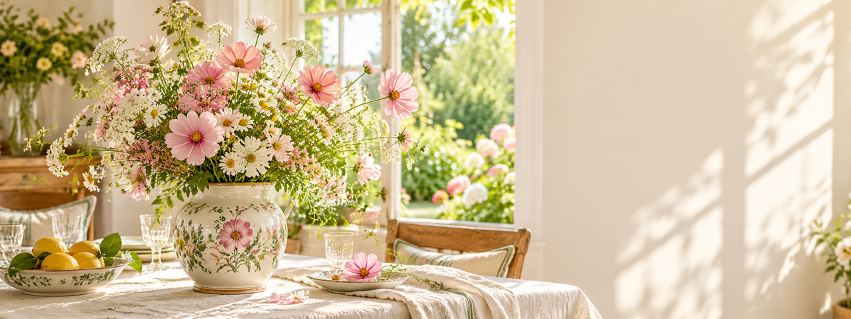 Hand-painted floral Avqelora vase on a sunlit garden table